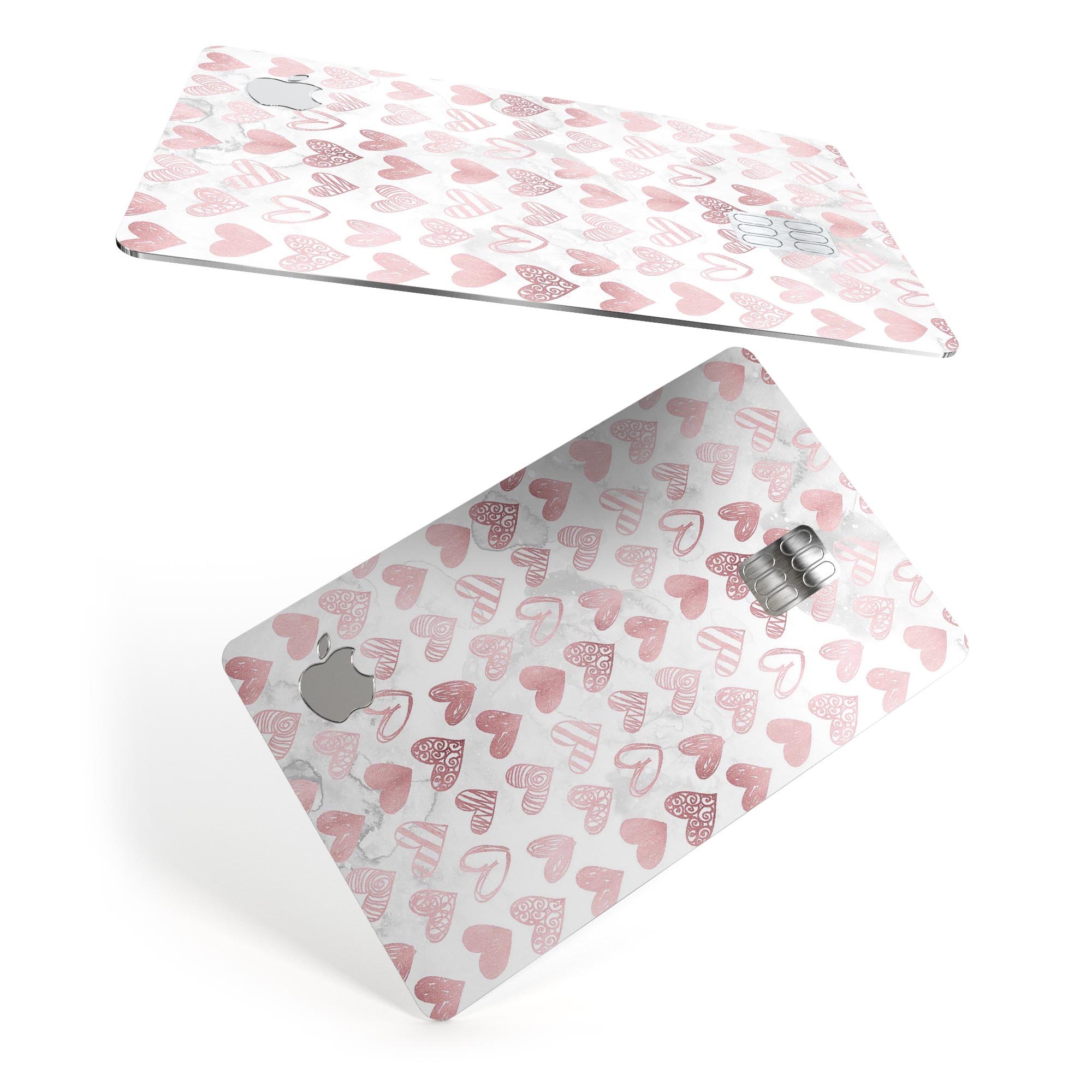 Karamfila Marble & Rose Gold Hearts v3 decal applied on an Apple Card, showcasing its elegant design and premium finish.